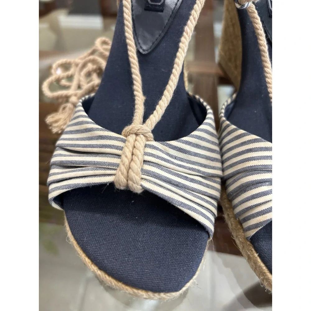American Living Women's Striped Leather Wedge Espadrille Sandals Bow US 8.5